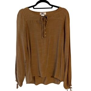 California Grown Eyelet Blouse Peasant Henley Top Brown Womens Med Y2K‎ Cotton